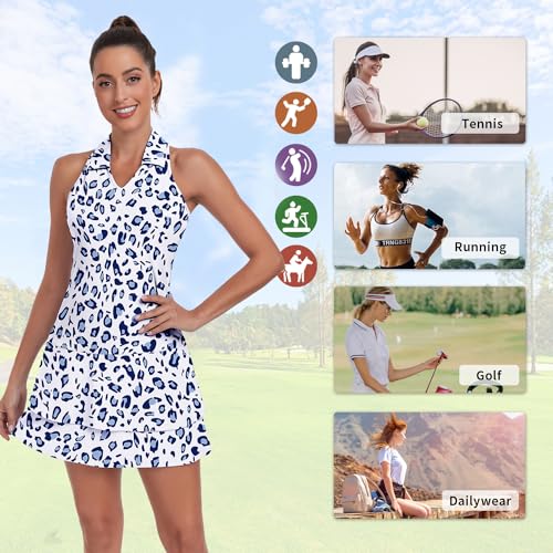 Soneven Women's Tennis Dress with Shorts & Pockets - Blue Leopard, Large