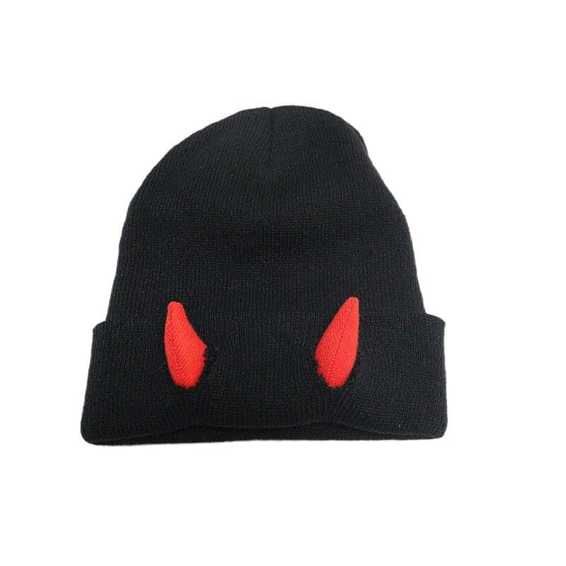 Womens Halloween Devil Horn Hat Skull Hat Warm Knitted Winter Beanie Cuffed Funny Alt Emo Scene Cap Y2k Accessories (US, Alpha, One Size, Black-Red)