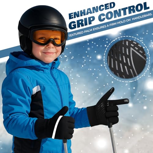Kids Winter Thermal Gloves - Touch Screen, Anti-Slip, Black - Large