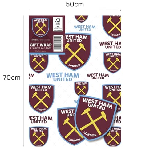 West Ham United Gift Wrap - 2 Sheets & 2 Tags - 70x50cm