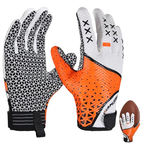 GIAMZONP Youth Football Gloves Orange & White Medium – Sticky Grip Kids Receiver Gloves