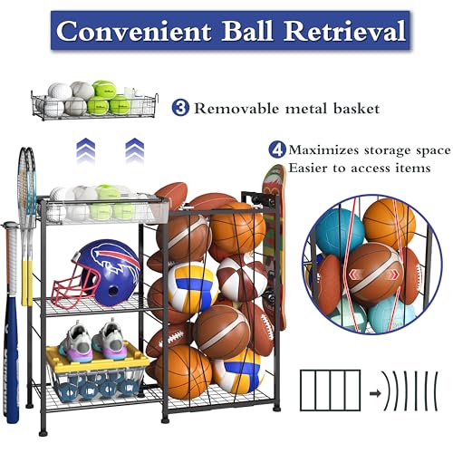 Sports Equipment Organizer with Elastic Straps and Removable Basket