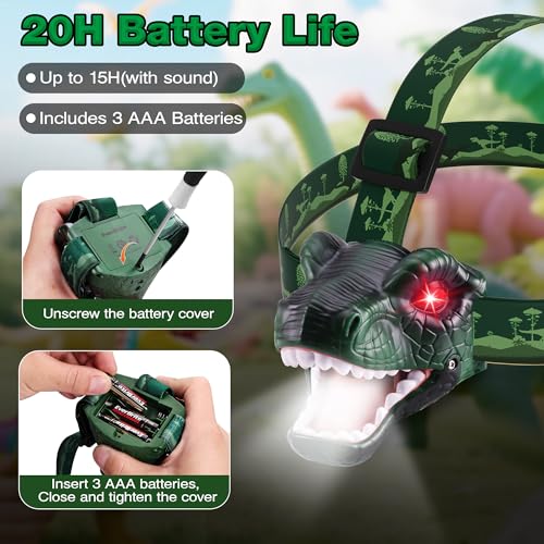 Dinosaur Headlamp for Kids - LED Flashlight with Roaring Sound - Green