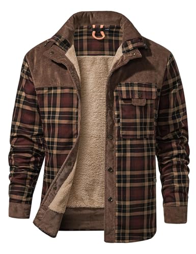 Gihuo Men's Large Coffee Sherpa-Lined Flannel Shirt Jacket - Warm Outdoor Coat