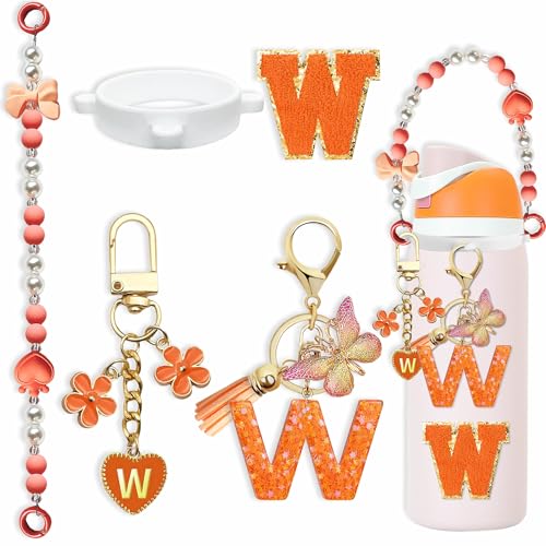 5-Piece Water Bottle Accessory Set - Pearl Strap & Letter Charm - Orange / W