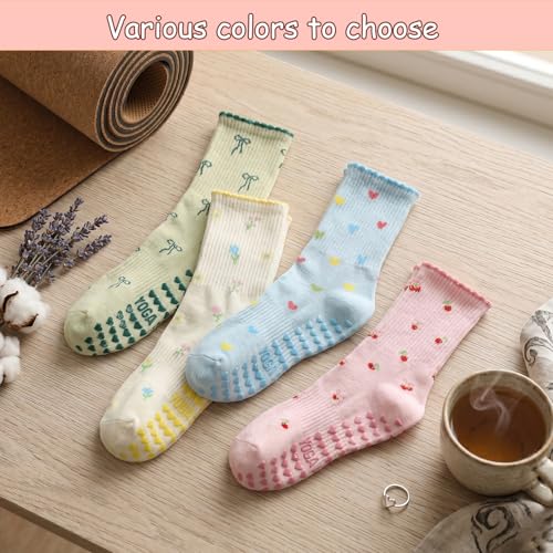 Cute Non-Slip Ruffle Pilates Grippy Socks for Women - Blue, Pink, White, Beige