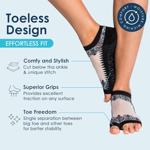 Large-X-Large Tucketts Flow Toeless Grip Socks for Yoga, Pilates & Barre - Black
