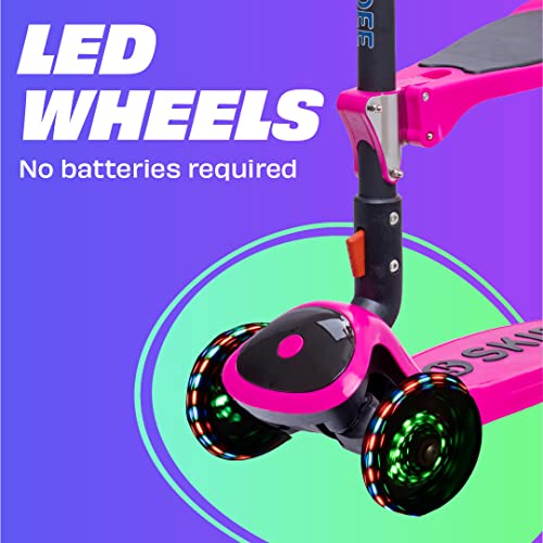 SKIDEE Pink Kick Scooter for Kids 3-5 - Foldable 3-Wheel Lean-to-Steer, Adjustable 25"–33", Removable Seat, LED Light Wheels