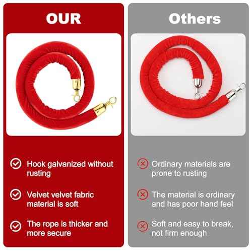 4pcs Velvet Stanchion Rope, 5 Feet Red Velvet Rope Crowd Control Barrier with Gold Plated Clasp for Carpet, Queue Safety Barriers for Party Decorations, Hotels, Theaters, Grand Openings