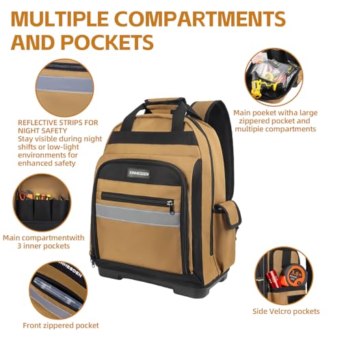 Tool Bag Backpack, Heavy Duty Tool Backpack Bag with Waterproof Molded Base, Electrician Work Pack for Hand Tools, Multi Pockets Tool Storage Organizer for Contractor, Plumbers, HVAC Techs