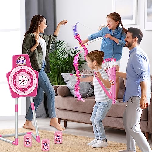 Pink LED Light-Up Archery Set for Kids with Foam Dart Guns & Targets