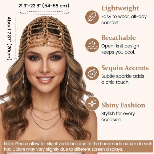 Cotton Crochet Sequin Disco Cap - Handmade Hat in Khaki