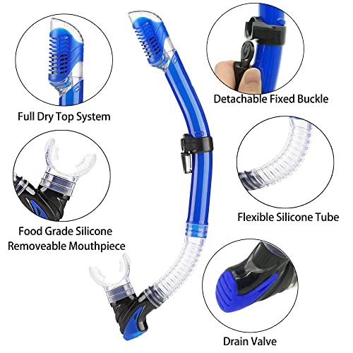 DiVLMT Adult Snorkeling Gear Set with Mask Fins Dry Snorkel, US Men 9-13 / Lady 10-14, Blue