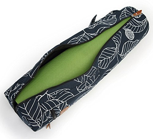 Yoga Mat Bag - Full-Zip Canvas Carrier with Pockets - Navy Blue Leaf