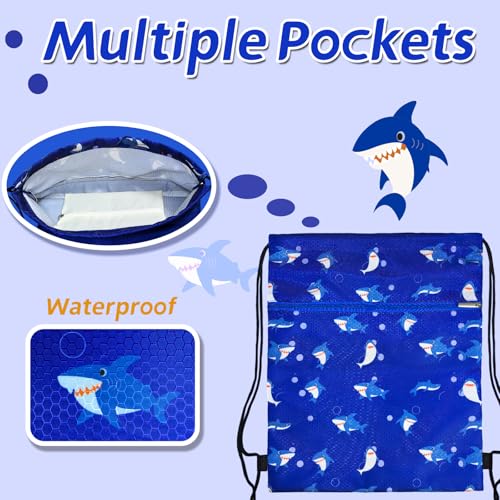 Gym Drawstring Backpack for Kids - Waterproof Blue Shark