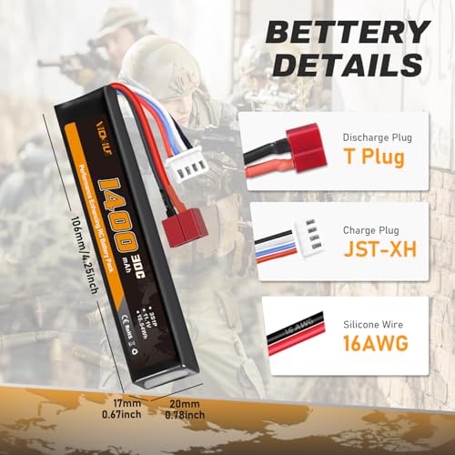 11.1V 1400mAh Airsoft Battery with Dean-Style T Plug & USB Charger