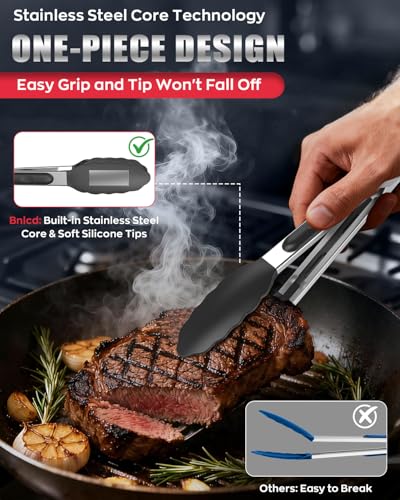 Bnlcd 3-Piece Black Silicone Kitchen Tongs - Stainless Steel Locking Utensils