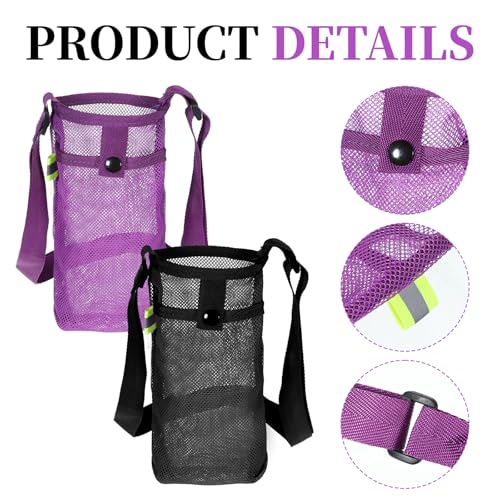 2 PCS Mesh Water Bottle Carrier with Adjustable Strap - Black & Purple