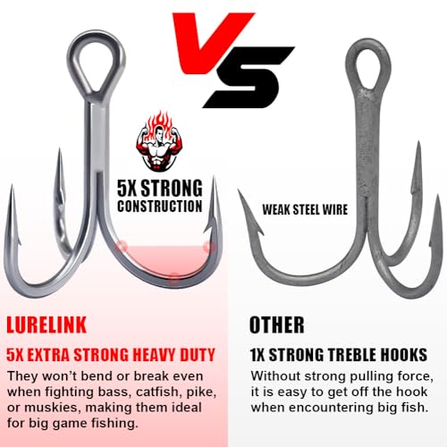 LURELINK 24-Pack 5X Extra Strong Treble Hooks for Saltwater & Freshwater Fishing Size 2