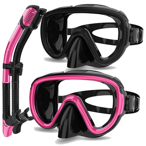 Snorkeling Gear for Adults 2-Pack - Anti-Fog & Breath-Free Dry Snorkel with Quick-Dry Bags (Black & Rose)