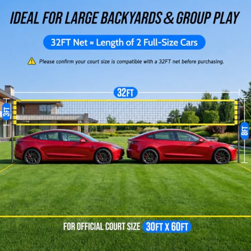 32FT Outdoor Volleyball Net Set - Anti-Sag with Steel Poles - A-Yellow