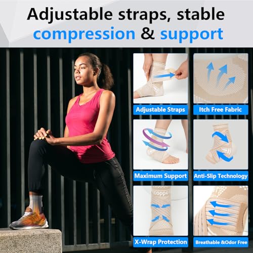Copper Ankle Brace for Pain Relief - Adjustable Compression Sleeve - Skin Tone Medium