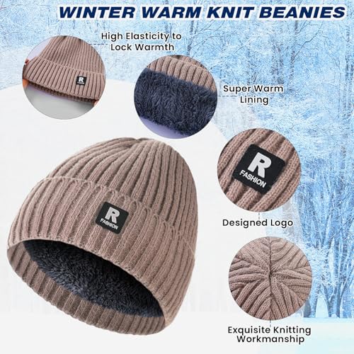 Winter Beanie Hat, Circle Scarf & Touchscreen Gloves Set - Khaki Vertical Stripes