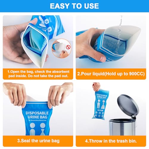Disposable Urine Bags 900ml - Leakproof Pee & Vomit Bags for Travel - Blue, 12 Pack