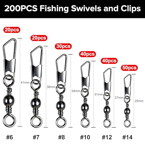 200pcs Fishing Snap Swivels Set - Variety of Sizes & Anti-Tangle Design