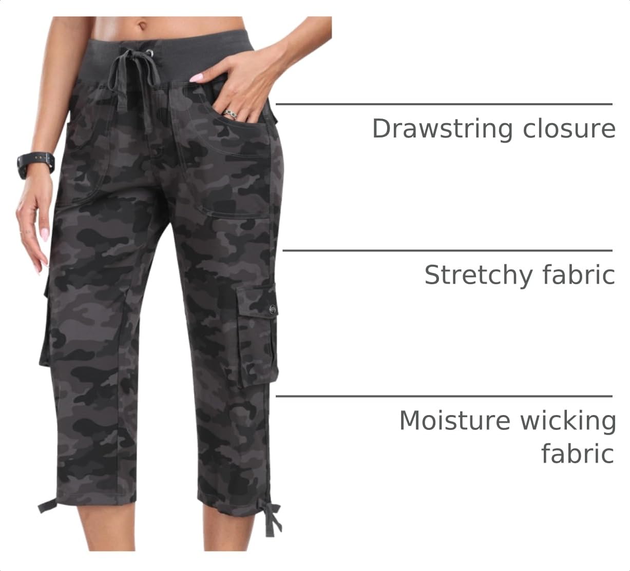 MoFiz Womens Capris with Pockets Loose Fit Casual Capri Pants Dressy Lightweight Ladies Baggy Cargo Pants for Hiking Camo Gray M