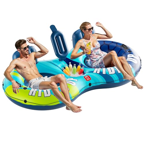 QPAU Dark Blue Inflatable Double River Tube 2 Person 660lb Capacity Heavy Duty