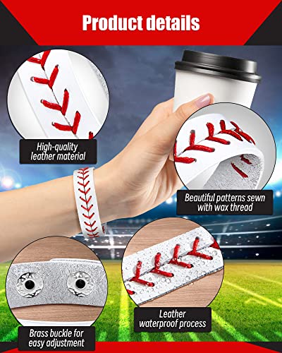 20 Pcs Genuine Leather Baseball Wristbands - Red Stitching