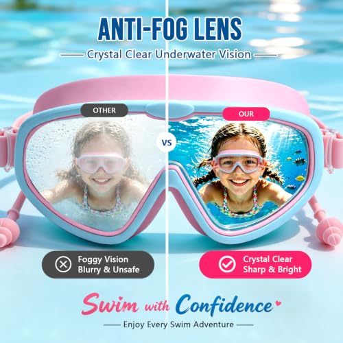 Kids Anti-Fog Swim Goggles 2-Pack for Girls & Boys, Hot Pink & Blue, Age 3-16