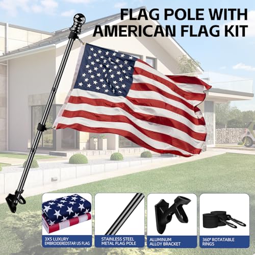 American Flag with Pole Kit 3x5 ft – 5ft Heavy-Duty Stainless/Aluminum Flagpole, No-Tangle Bracket