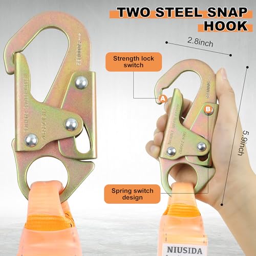 Rope Harness Safety Lanyard 50FT Fall Protection Vertical Roofing Rope with Grab Snap Hooks Shock Absorber Safety Ropes Tree Climbing Line Kit Heavy Duty Roof Safety Equipment