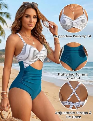 Buauty Women's Cutout High-Cut One-Piece Swimsuit Blue Striped, Tummy Control