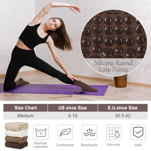 Grippy Pilates Socks for Women - Non-Slip Crew Socks, Brown/Dark Brown/White/Light Brown