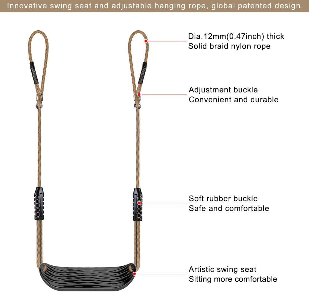 SELEWARE Plastic Swing Seat - Non-Slip Tree Swing with Adjustable Rope & Carabiners | Heavy-Duty Black Outdoor Accessory