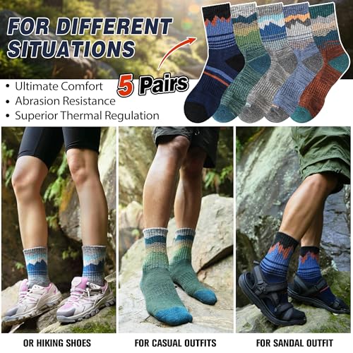 Merino Wool Hiking Socks 5 Pairs — Thermal, Moisture-Wicking Cushioned Crew Socks for Men