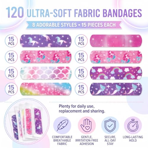 Funtery 8 Styles Kids Fabric Bandages Self Adhesive, 120 Pcs Wrap for