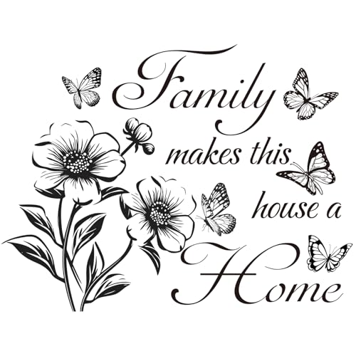 Family Makes This House a Home - Wall Quote Decals with Floral & Butterfly, Inspirational Quote Wall Stickers for Living Room, Bedroom, Glass Window, Removable Vinyl Decor