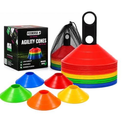 50 Pack Agility Training Cones for Sports & Soccer Practice - 5 Color Set
