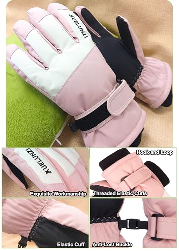 Kids Waterproof Winter Ski Gloves - Pink, Ages 8-14, Women XS-S