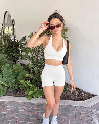 High Waisted Biker Shorts for Women - 5" Tummy Control - Small-Medium White