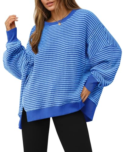 Women's Oversized Waffle Knit Sweatshirt - Medium Blue