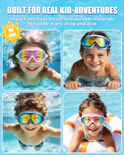 Aegend Kids Swim Goggles Wide Frame Anti-Fog Pink & Blue for Ages 3-14