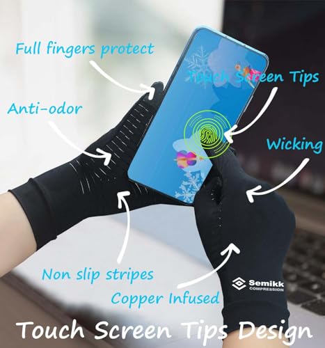 Semikk Medium Black Copper Compression Arthritis Gloves 2 Pairs Touch Screen Support