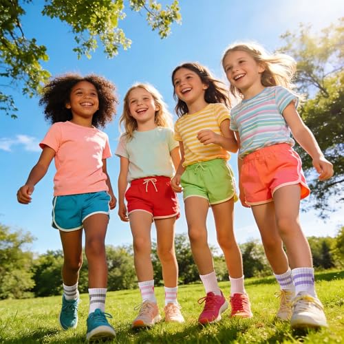Girls Athletic Crew Socks - 6 Pairs for Ages 6-8 - Cute Light Color