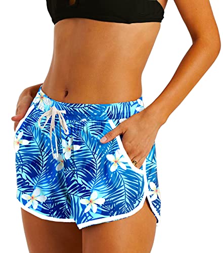 Deerose Women's Blue Leaves Tropical Print Board Shorts with Pockets, Large Size, Beach Swimwear