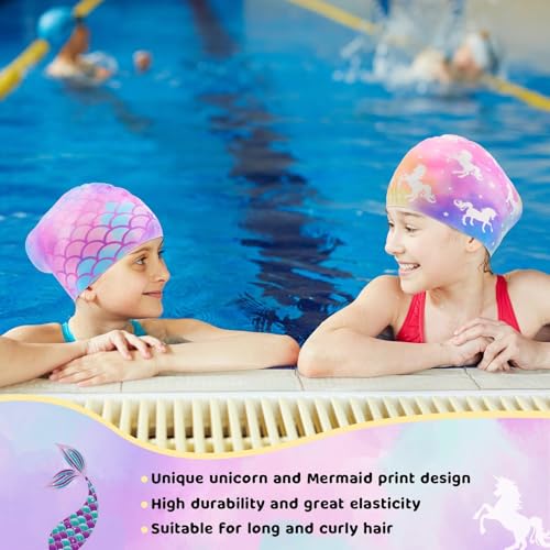 WAWSAM 2 Pack Kids Silicone Swim Caps Unicorn Mermaid Design for 3-8 Years – Purple Mix (Long & Short Hair)